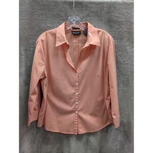 Womens Button Up Shirt Large Coral Peach Business Casual Stretch Office Career